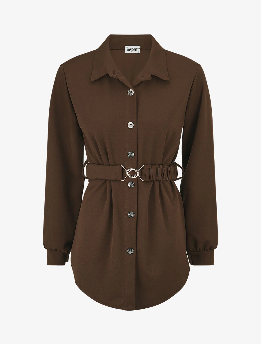 Aansluitend shirt met elastische tailleband - Bruin
