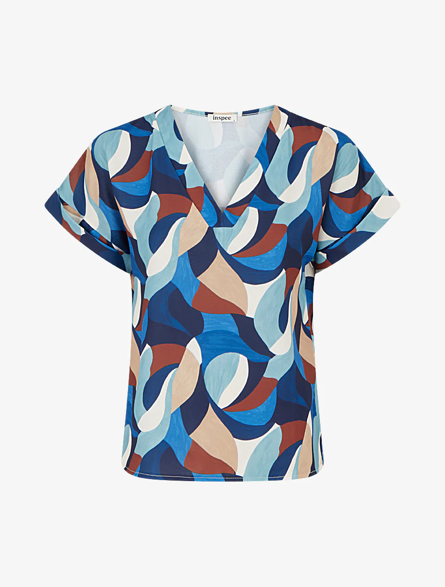 Abstracte bedrukte top met korte mouwen - Blauw