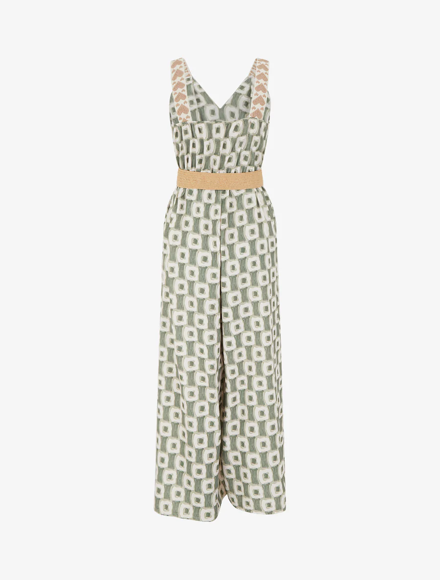 Abstracte print jumpsuit met bandjes en hartjesmotief. - Kaki - Image 2