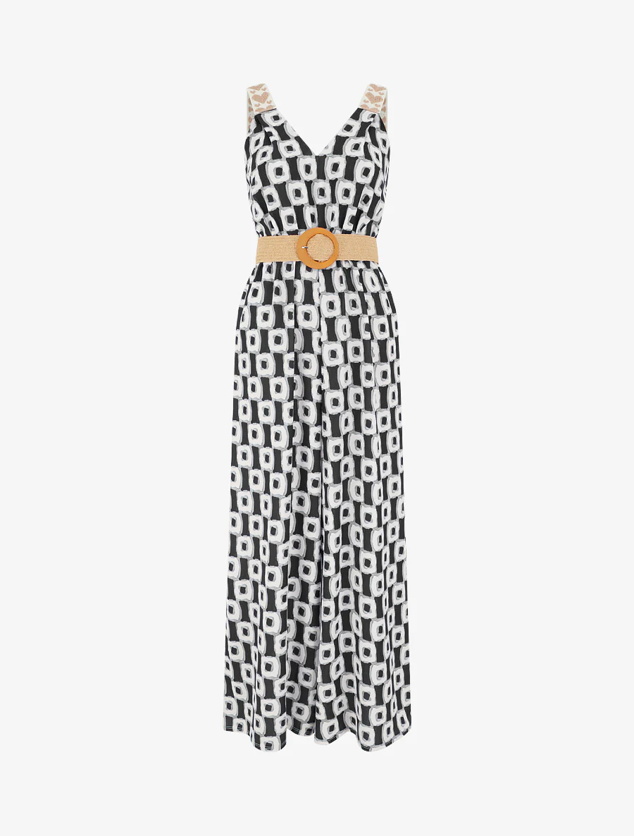 Abstracte print jumpsuit met bandjes en hartjesmotief. - Zwart