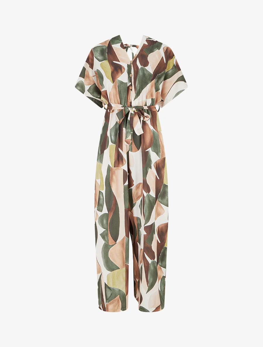 Abstracte print jumpsuit met elastische taille. - Kaki