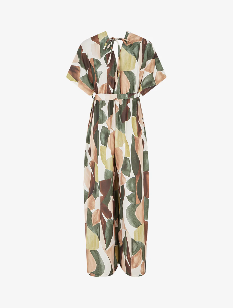 Abstracte print jumpsuit met elastische taille. - Kaki - Image 2