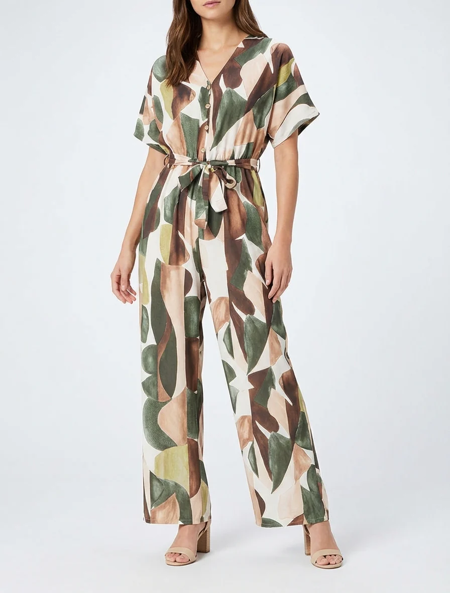 Abstracte print jumpsuit met elastische taille. - Kaki - Image 4