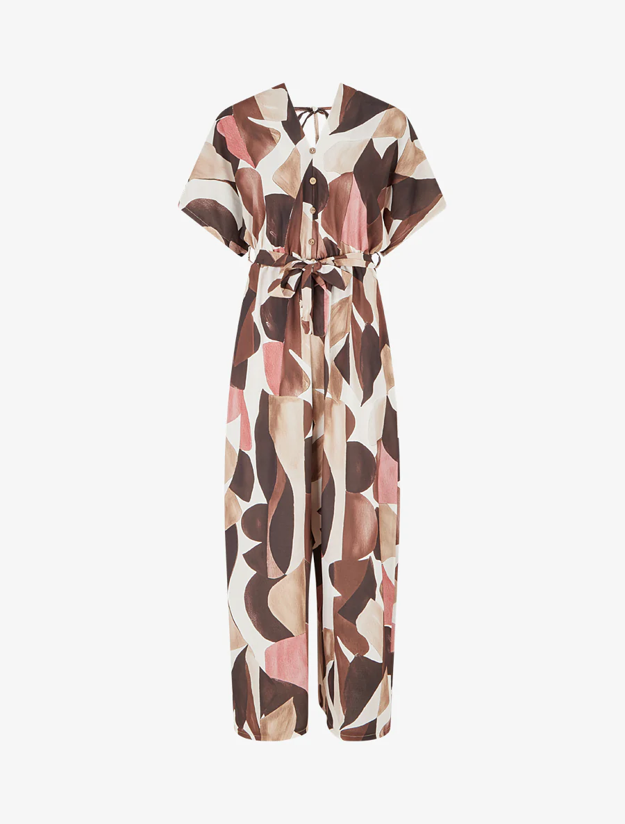 Abstracte print jumpsuit met elastische taille. - Bruin