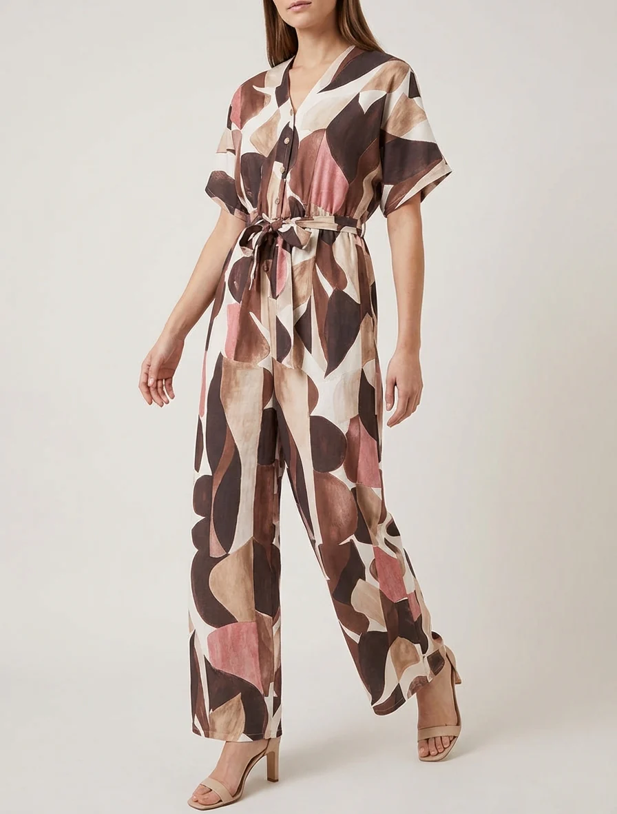 Abstracte print jumpsuit met elastische taille. - Bruin - Image 4