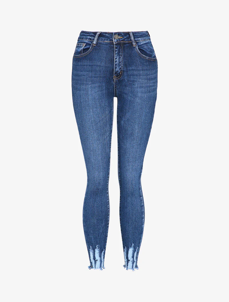 Afgewassen skinny jeans met rafelige rauwe randen - Blauw