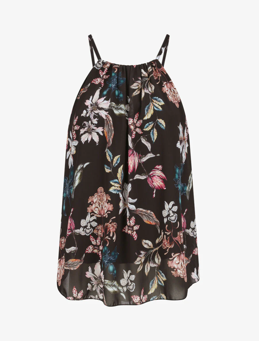 Amerikaanse top met wilde-orchideeënprint - zwart