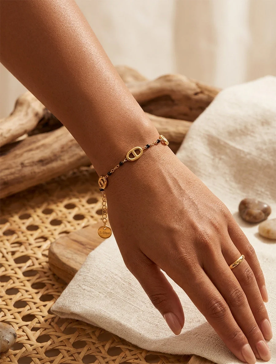 Armband met ankerketting en parels - Goud/zwart