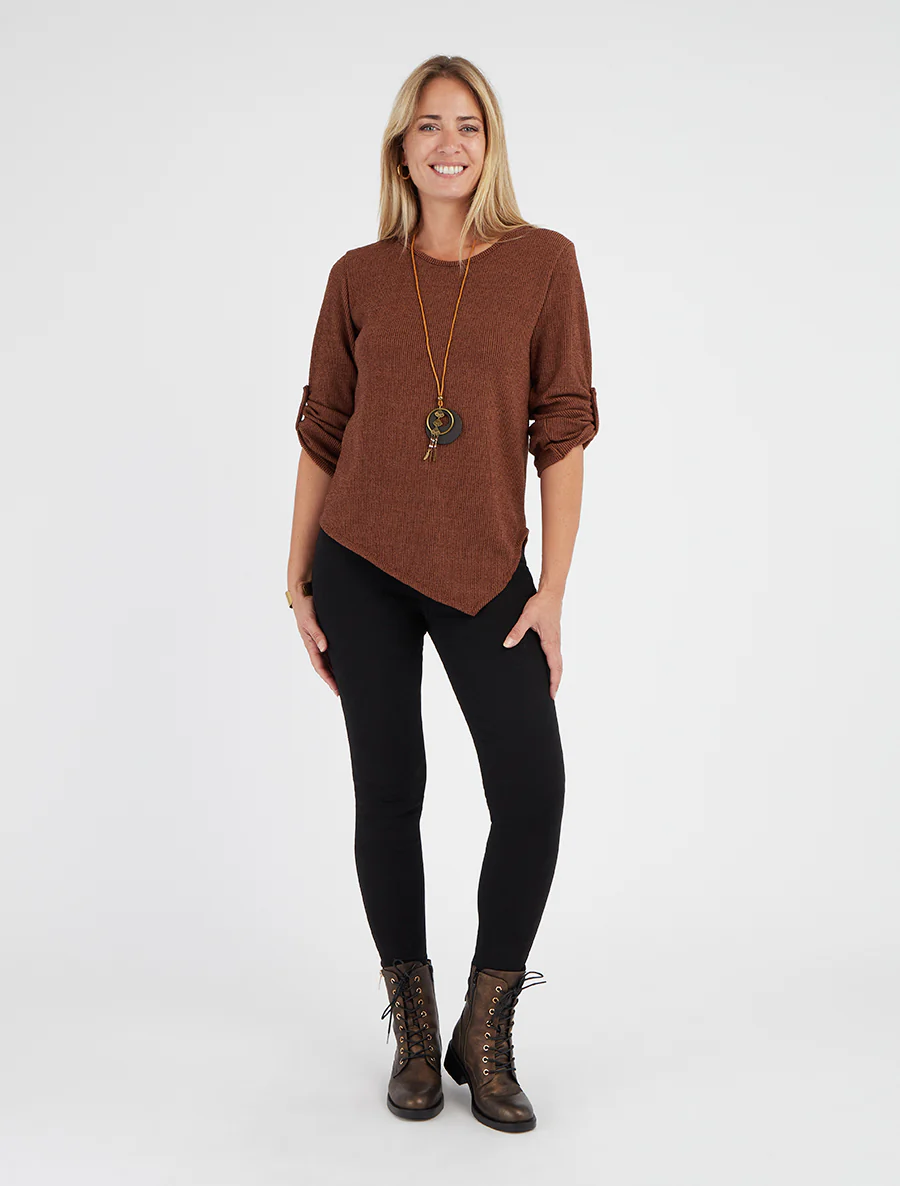 Asymmetrische dunne trui met oprolbare lange mouwen - Bruin - Image 4