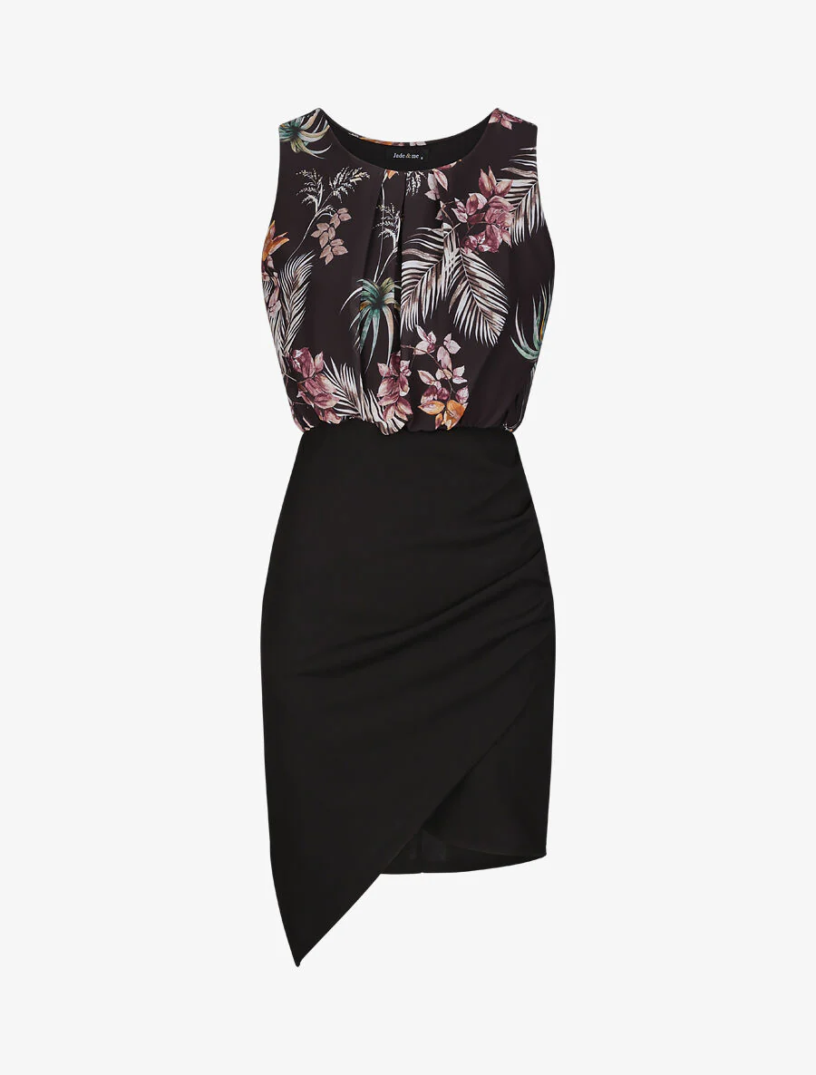 Asymmetrische jurk met bladerenprint - Zwart