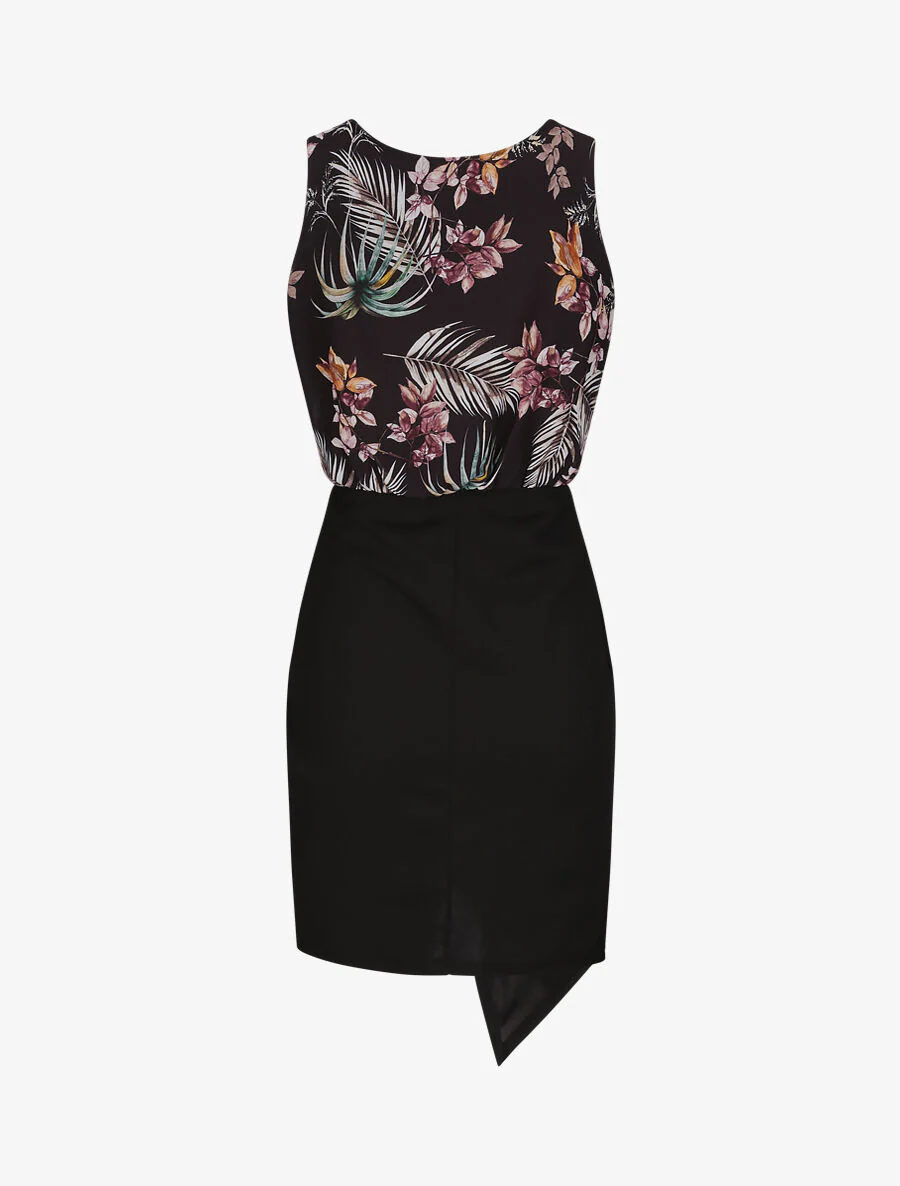Asymmetrische jurk met bladerenprint - Zwart - Image 2
