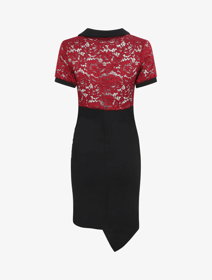 Asymmetrische jurk van twee materialen - Rood - Image 3