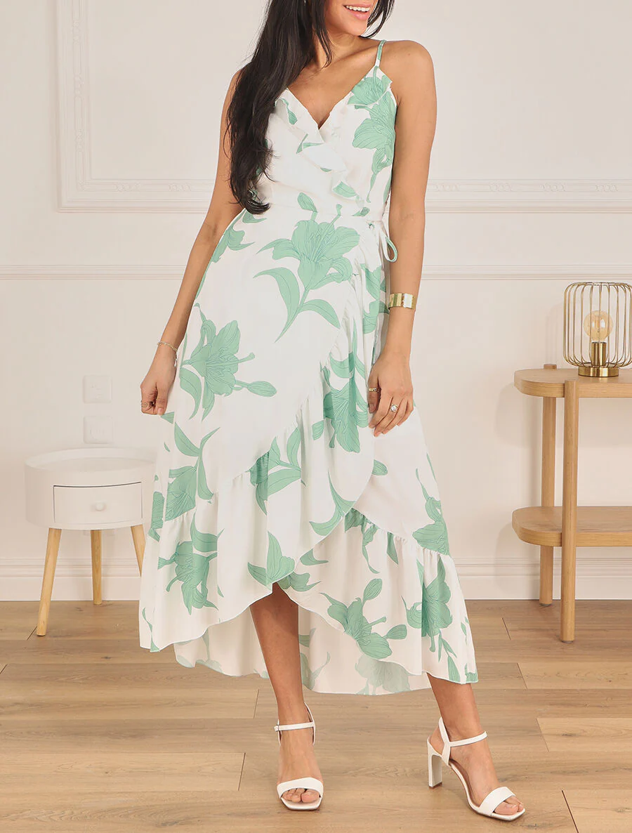 Asymmetrische lange jurk met grote bloemenprint - wit - Image 4