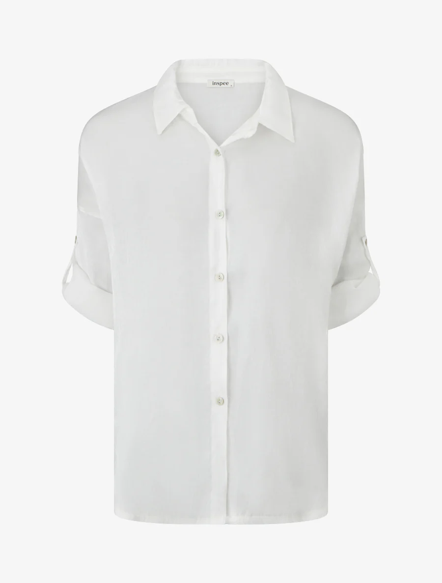 Asymmetrische parelmoeren blouse met oprolbare lange mouwen - Wit
