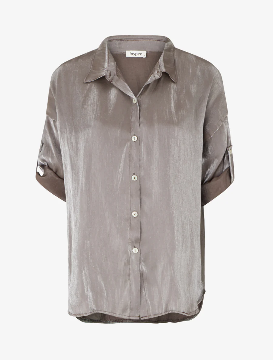 Asymmetrische parelmoeren blouse met oprolbare lange mouwen - Bruin