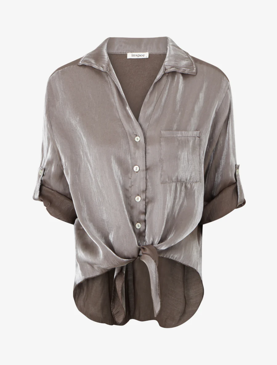 Asymmetrische parelmoeren blouse om te knopen - Bruin