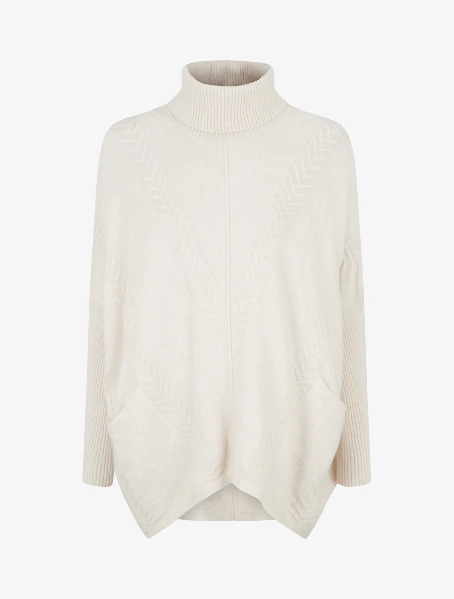 Asymmetrische poncho met coltrui - Ecru