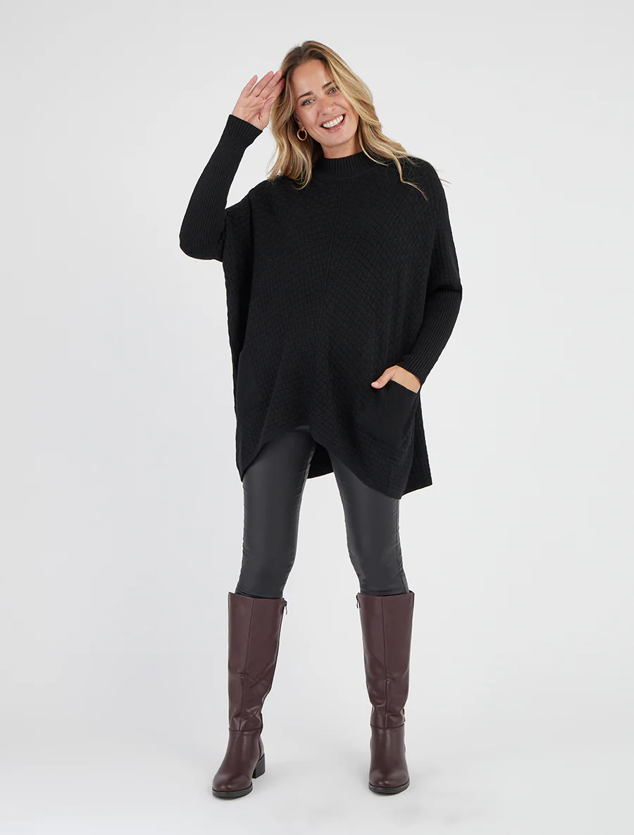 Asymmetrische poncho met opstaande kraag - Zwart - Image 4