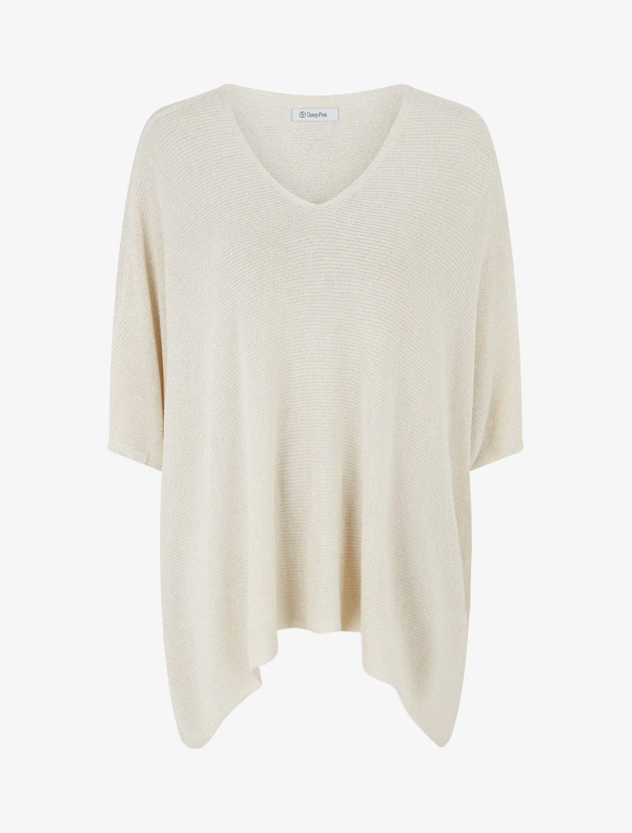 Asymmetrische top met korte mouwen van fijn glanzend breiwerk. - Beige