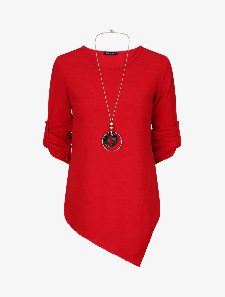 Asymmetrische trui met opklapbare mouwen - Rood