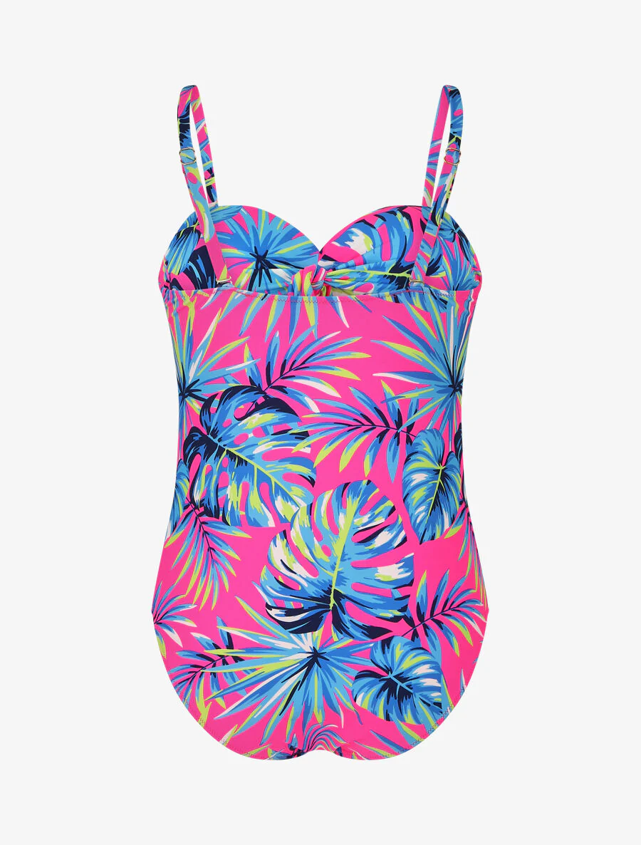 Eendelig badpak met tropisch bladprint - Fluor roze - Image 3