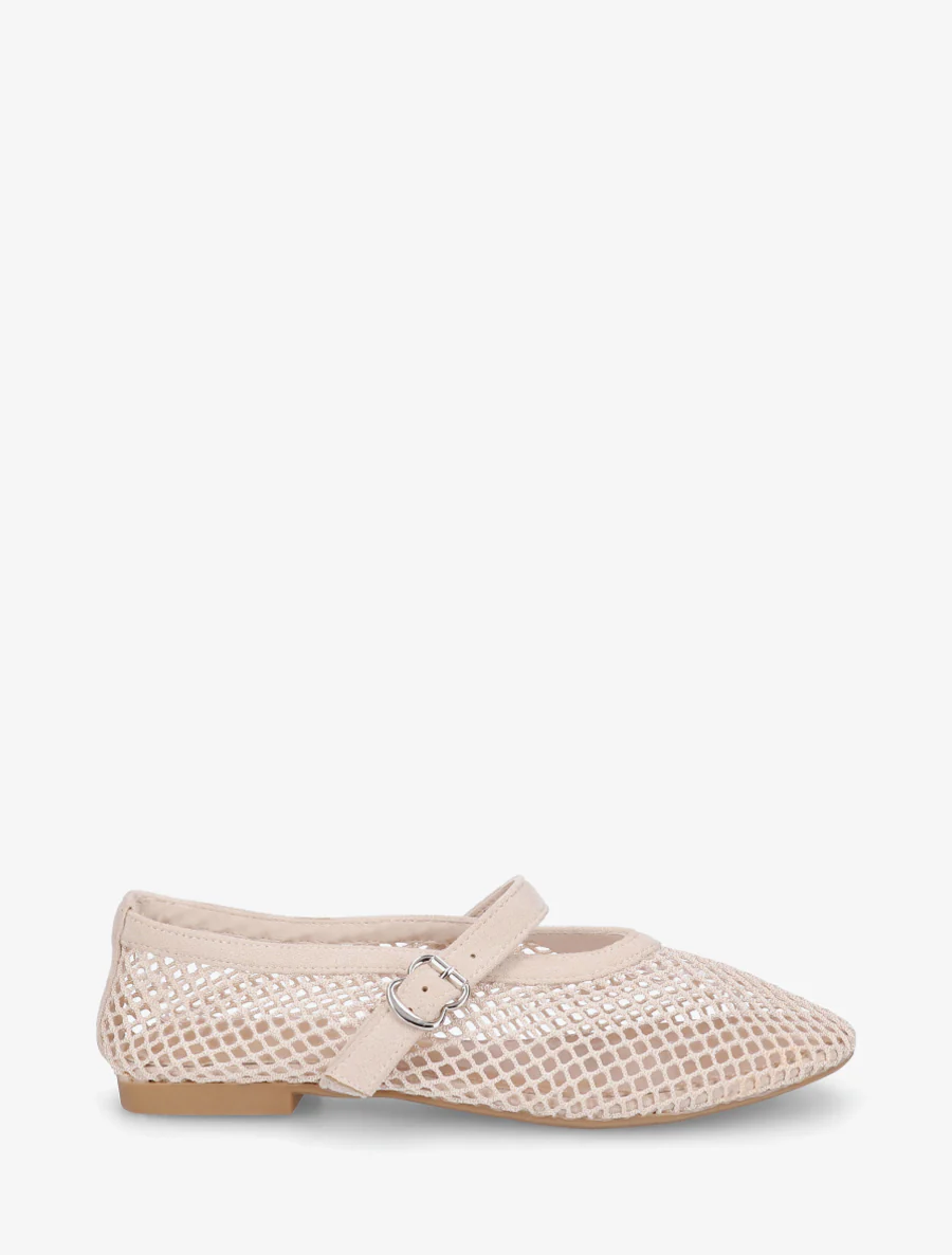 Ballerina's van netstof in Mary Jane-stijl - Beige