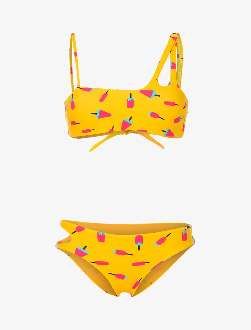 Bandeau bikini met sorbetprint - mosterdgeel