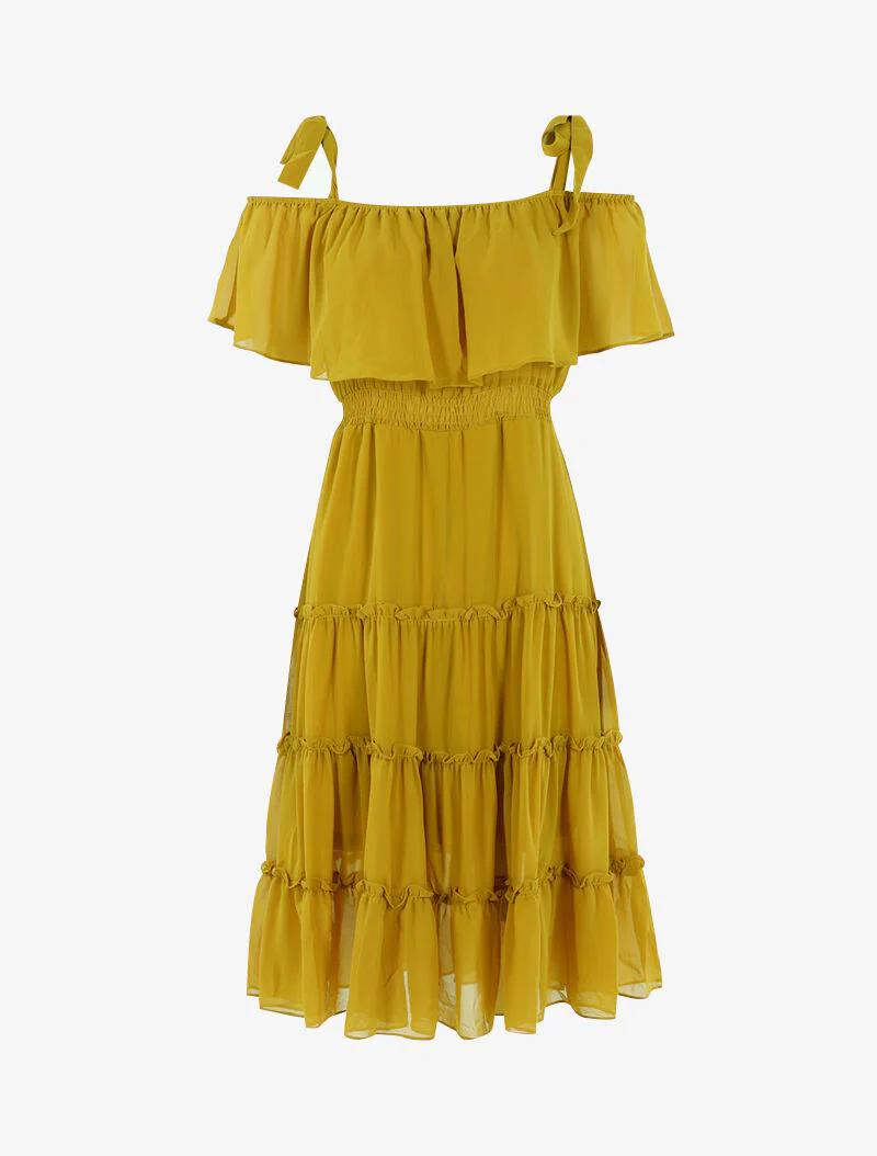 Off-shoulder jurk met ruches - geel