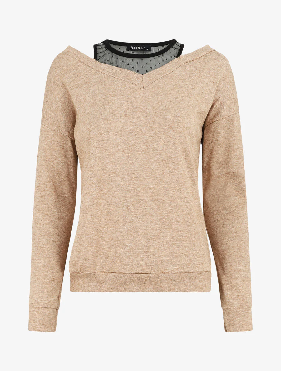 Bardot trui trompe l'oeil - Beige