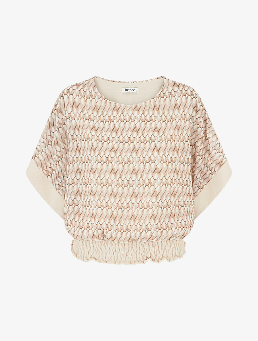 Bedrukte top met vleermuismouwen - Beige