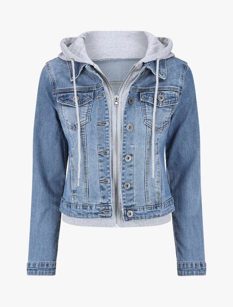 Bi-materiaal jas met capuchon - blauw