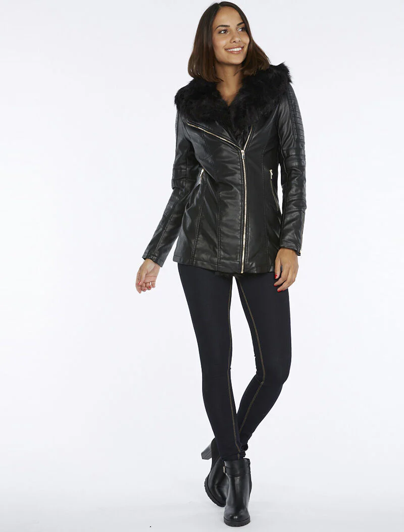 Bikerjack met bontkraag - zwart - Image 2