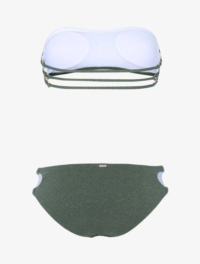 Lamé bandeau bikini met gouden oogjes - kaki - Image 2