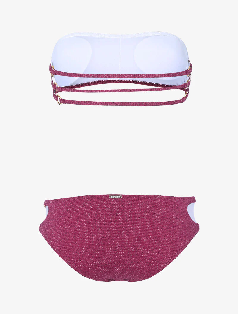 Bandeau bikini lamé met gouden oogjes - kersenrood - rood - Image 2