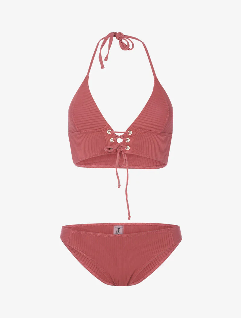 Geribbelde korset driehoek bikini - oudroze