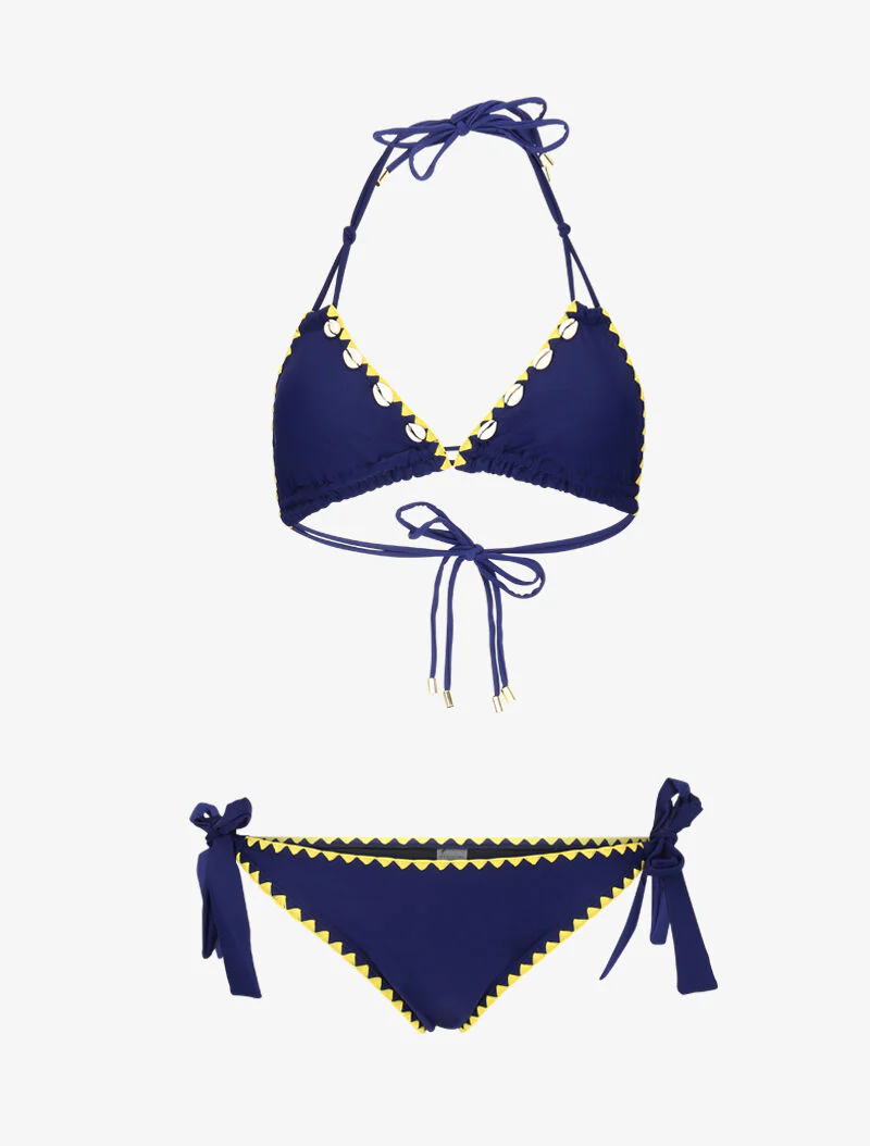 Driehoekige bikini met schelpen inzetstukken - marineblauw