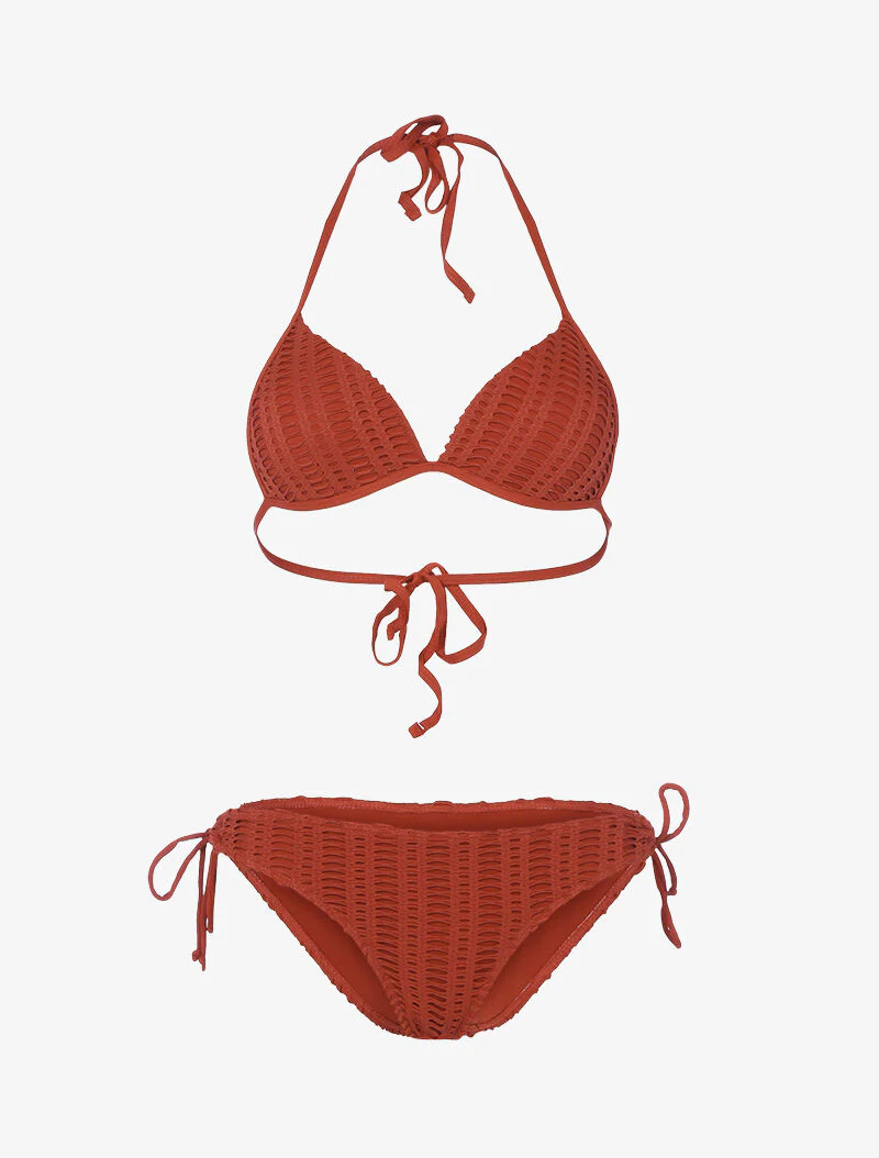 Grafische geperforeerde voering driehoek bikini - baksteenrood