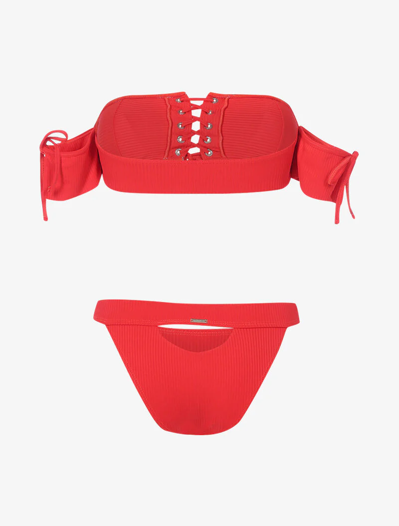 Geribbelde bikini met korset en opengewerkte tanga - rood - Image 2