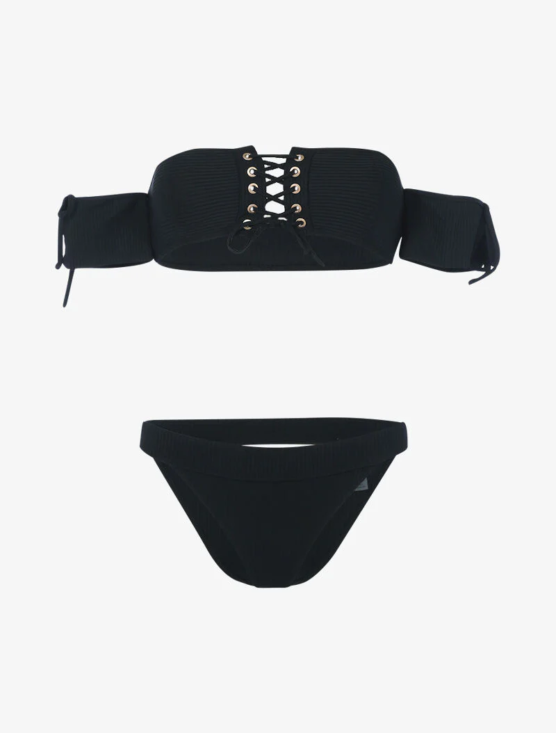 Geribbelde bikini met korset en opengewerkte tanga - zwart
