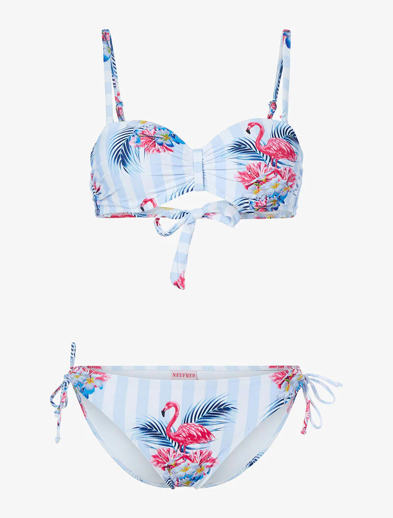 Gestreepte bikini met bloemenprint - lichtblauw