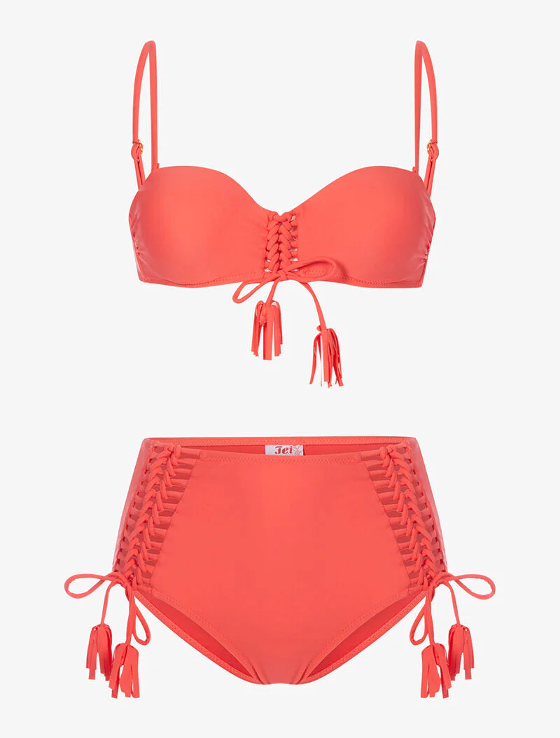 Hoog getailleerde bikini met korset - koraal