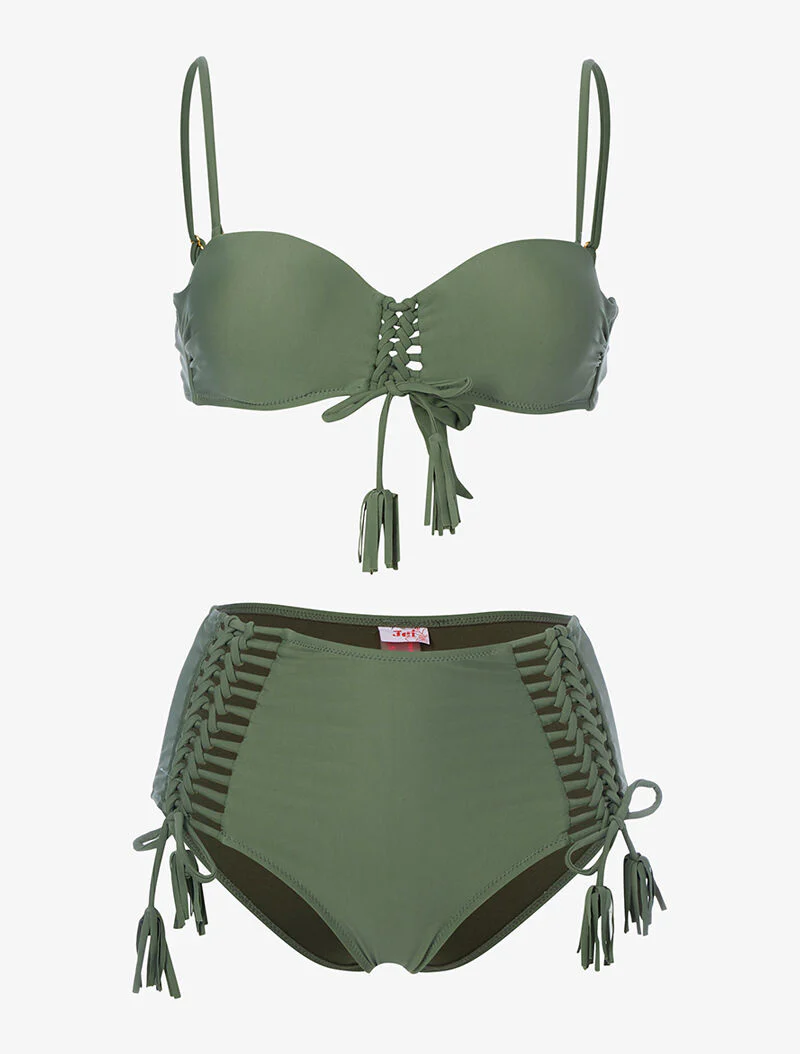 Hoog getailleerde bikini met bustier - kaki