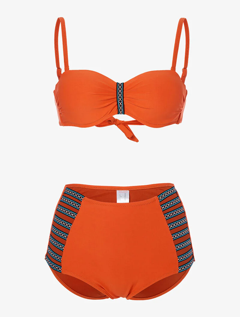 Hoog getailleerde bikini met geborduurde kant - oranje