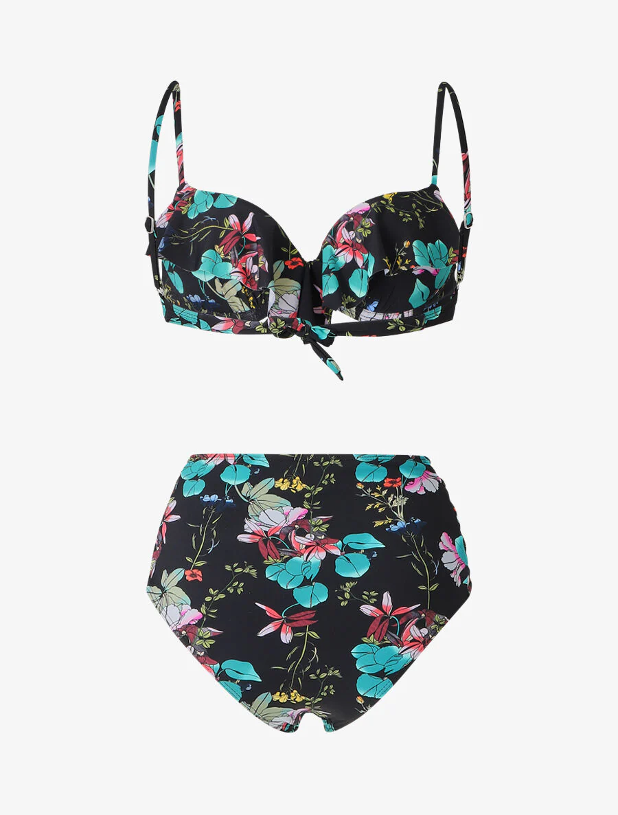 Bloemen bikini met ruches - Zwart - Image 2