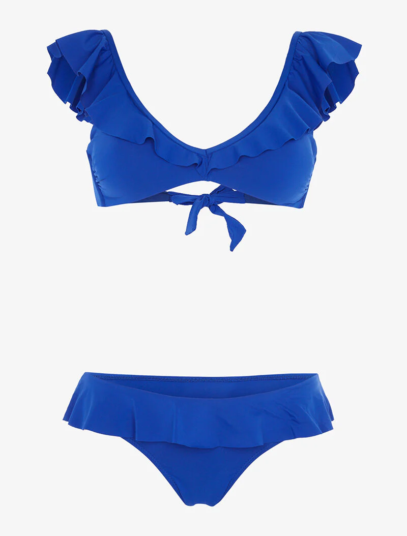 Ruches bikini met hoge uitsnijding - elektrisch blauw