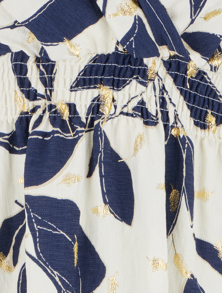 Bladerenprint jurk met elastische taille. - Marine - Image 3