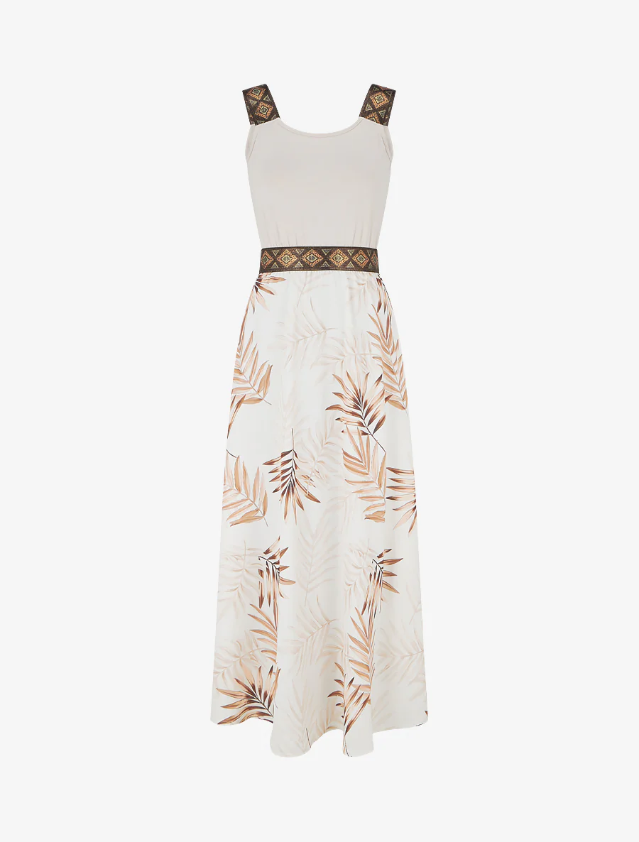 Bladerenprint jurk met gestileerde bandjes - Beige