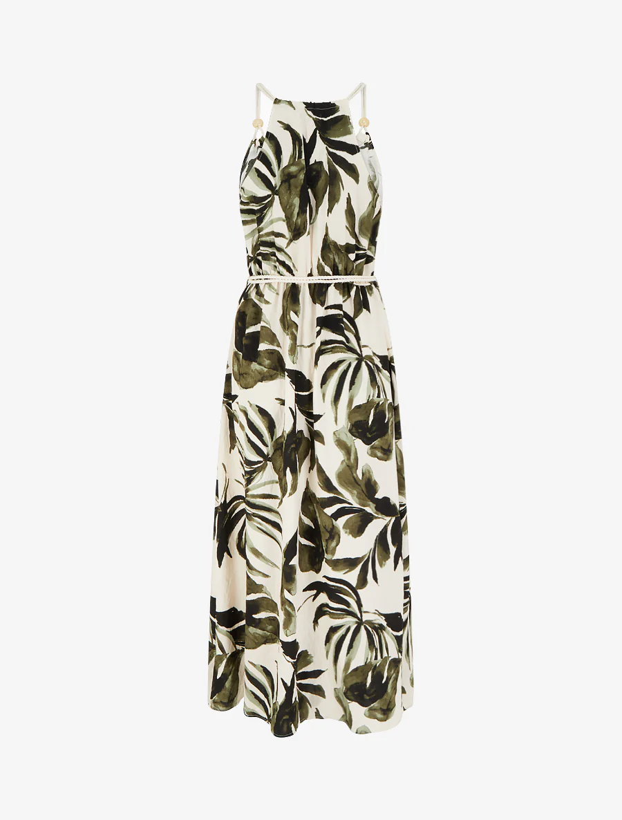 Bladerenprint jurk met koordbandjes - Kaki - Image 2
