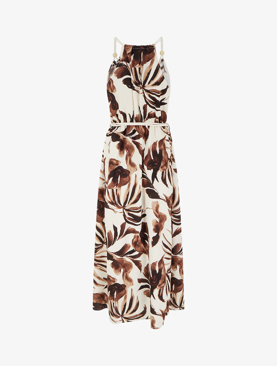 Bladerenprint jurk met koordbandjes - Bruin - Image 2