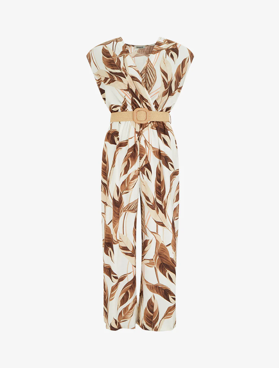Bladprint jumpsuit met elastische tailleband - Bruin